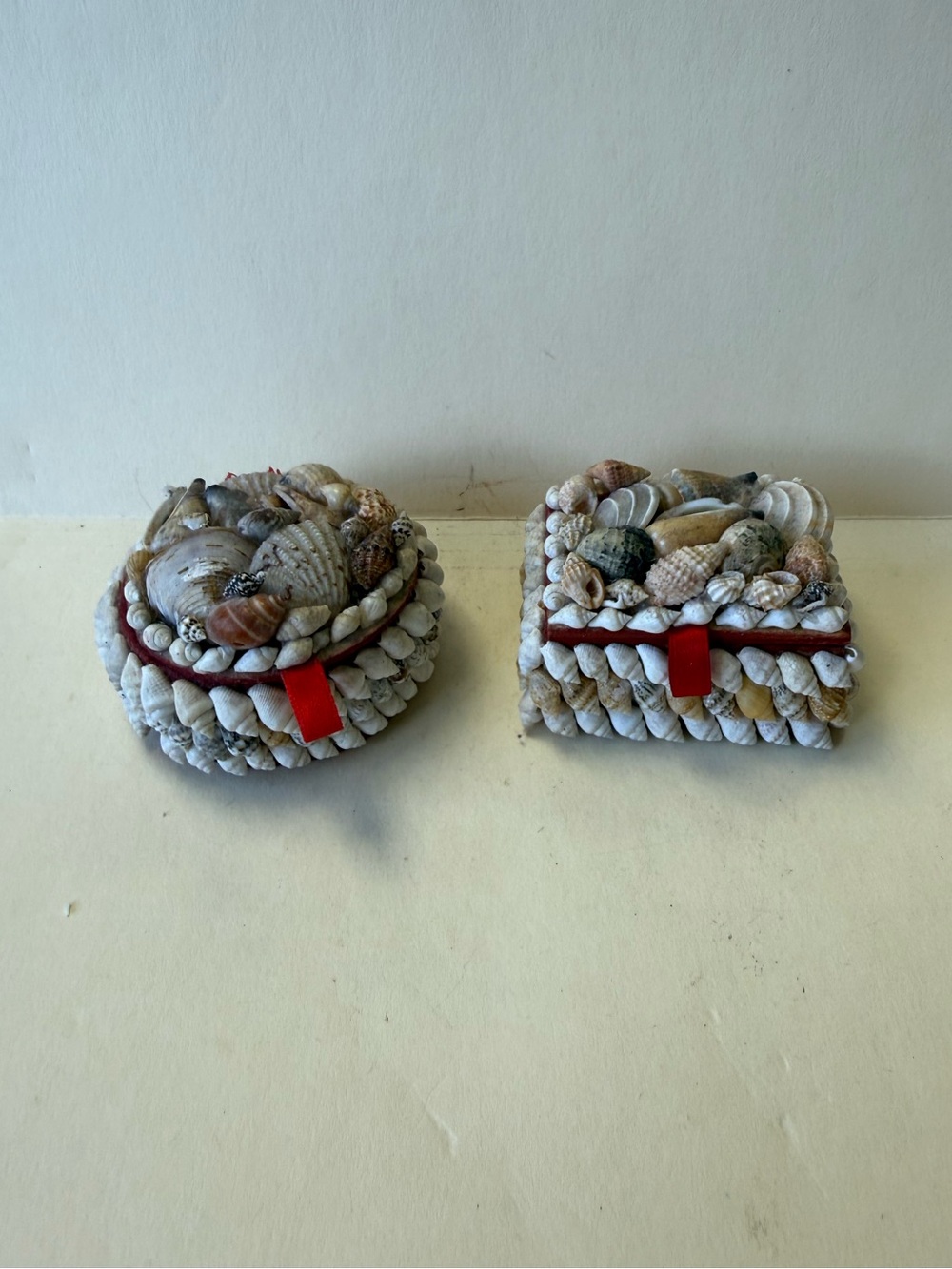Pair of Handmade Seashell Jewelry Trinket Box White & Natural Shells Red Lining